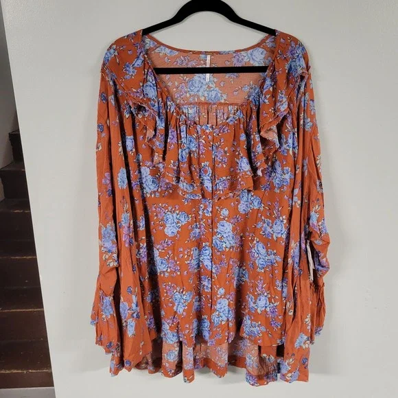 Free People Dress Women's Size M Floral Ruffle Long Sleeve Mini Orange Boho NWT - Picture 2 of 10